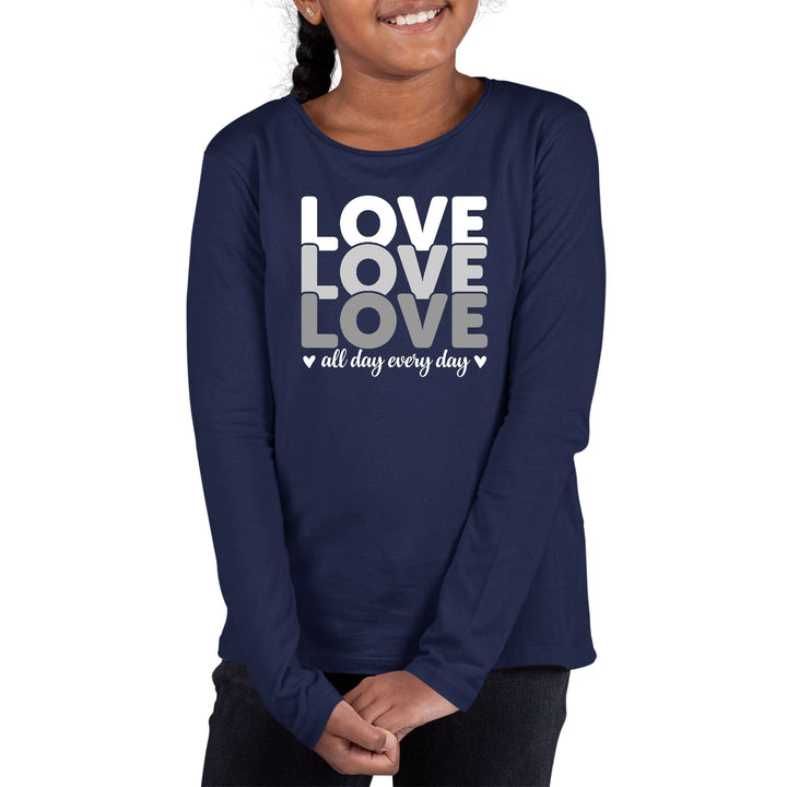 Youth Long Sleeve Graphic T-shirt Love All Day Every Day White Grey - Girls