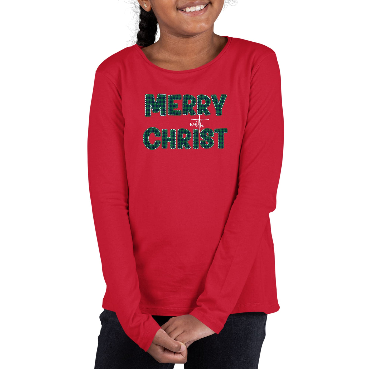 Youth Long Sleeve Graphic T-shirt Merry With Christ Green Plaid - Girls