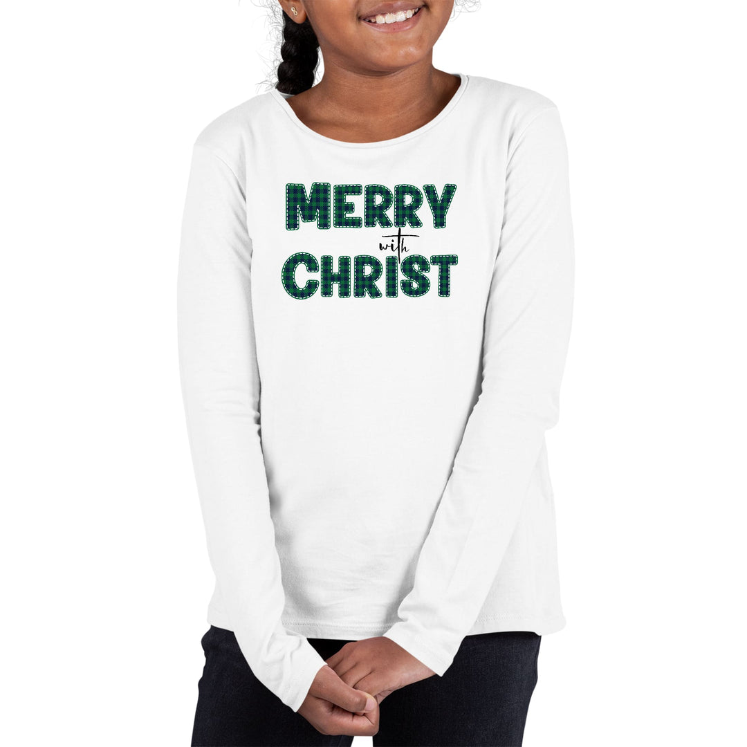 Youth Long Sleeve Graphic T-shirt Merry with Christ Green Plaid - Girls