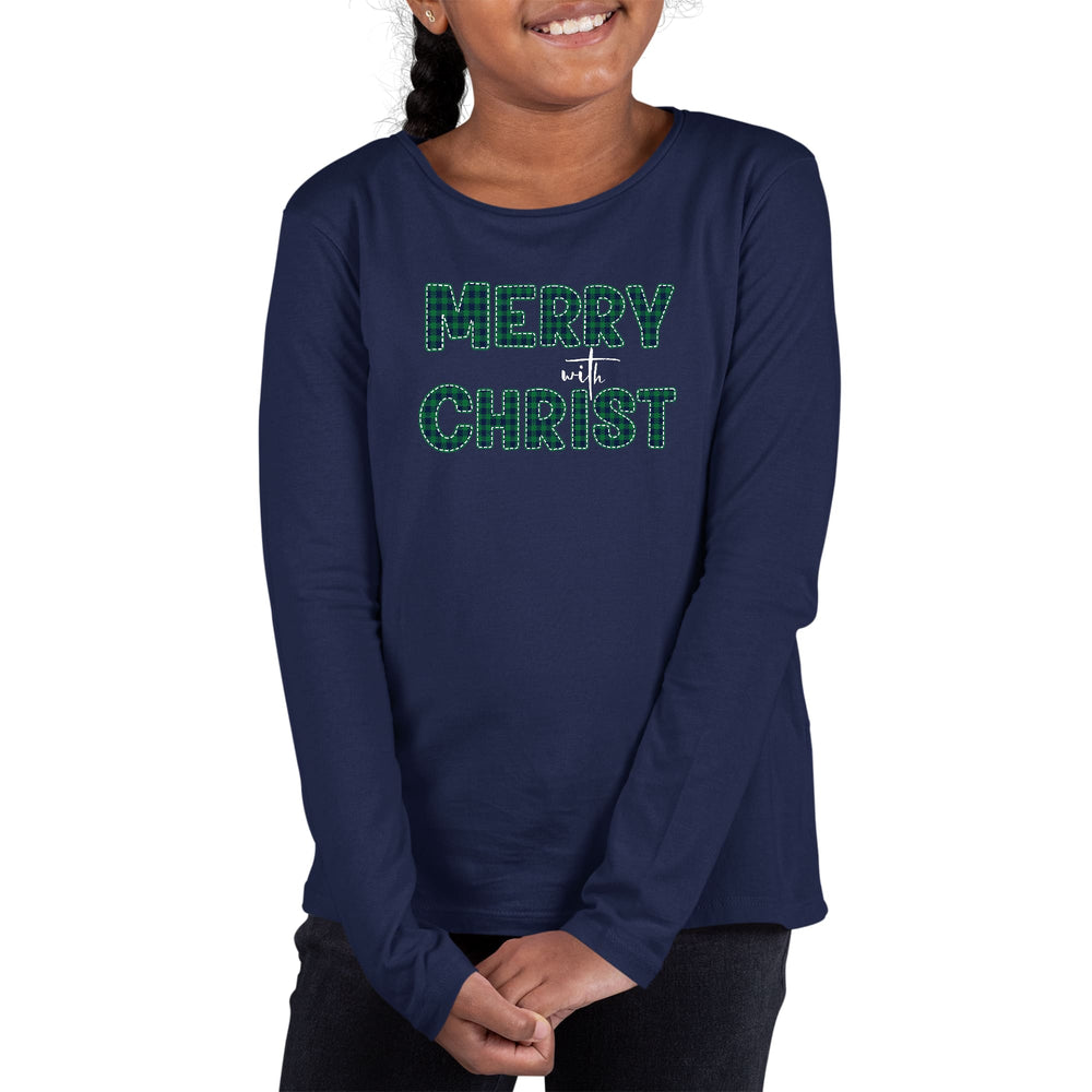 Youth Long Sleeve Graphic T-shirt Merry with Christ Green Plaid - Girls