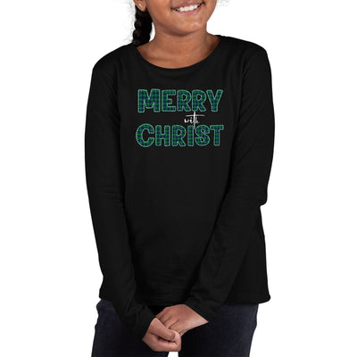 Youth Long Sleeve Graphic T-shirt Merry With Christ Green Plaid - Girls
