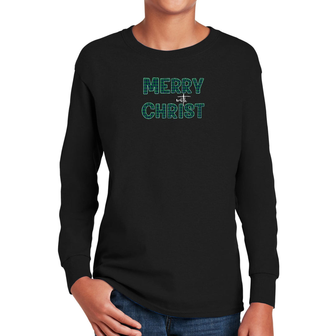 Youth Long Sleeve Graphic T-shirt Merry with Christ Green Plaid - Youth