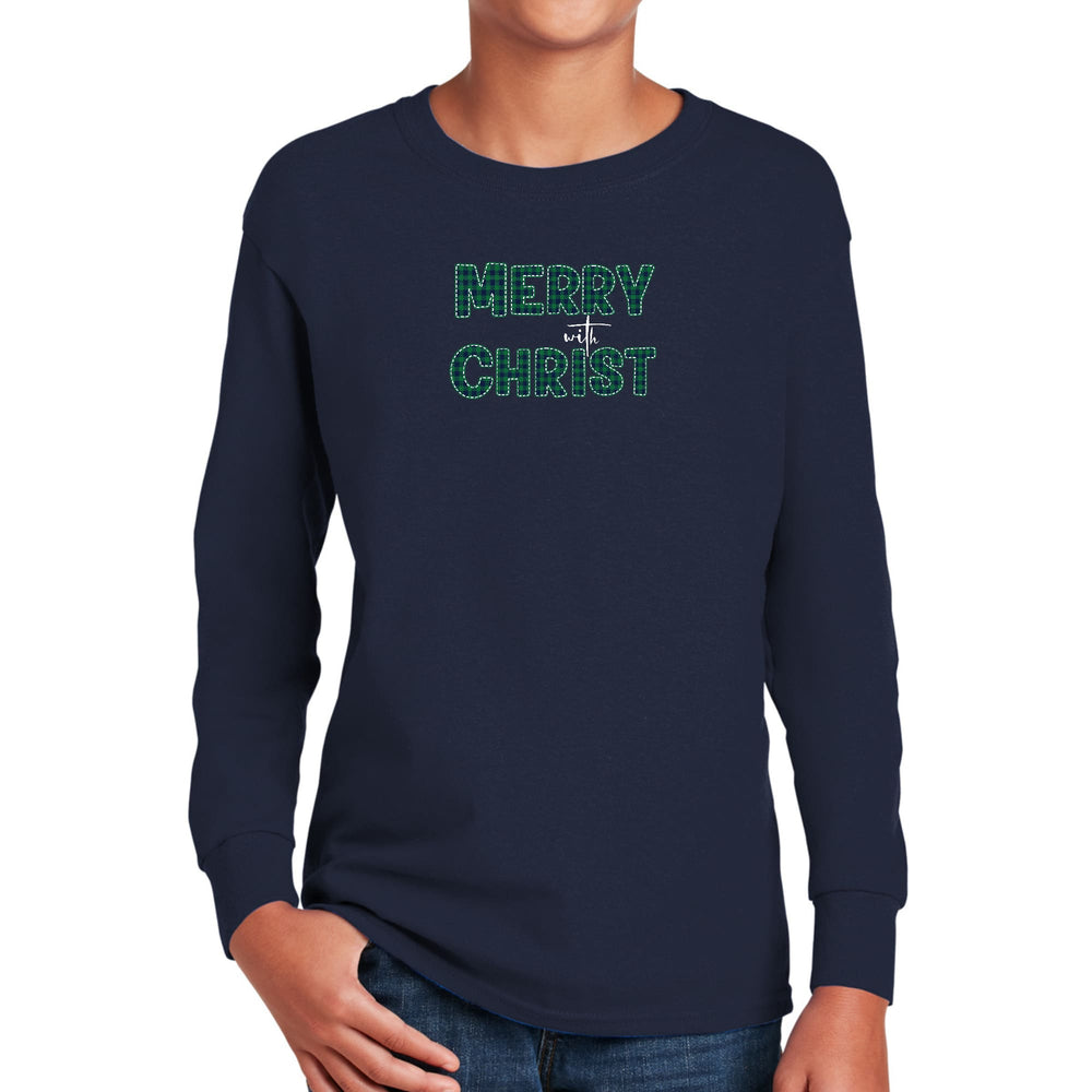 Youth Long Sleeve Graphic T-shirt Merry with Christ Green Plaid - Youth