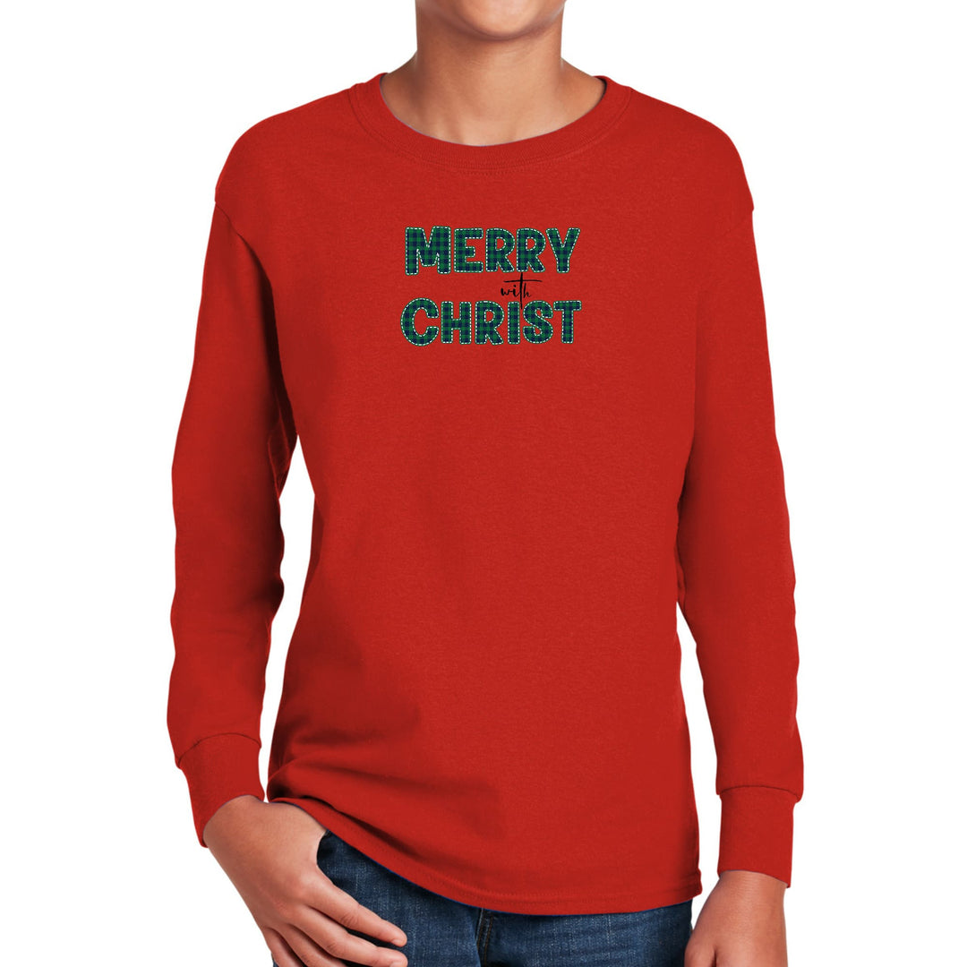 Youth Long Sleeve Graphic T-shirt Merry with Christ Green Plaid - Youth