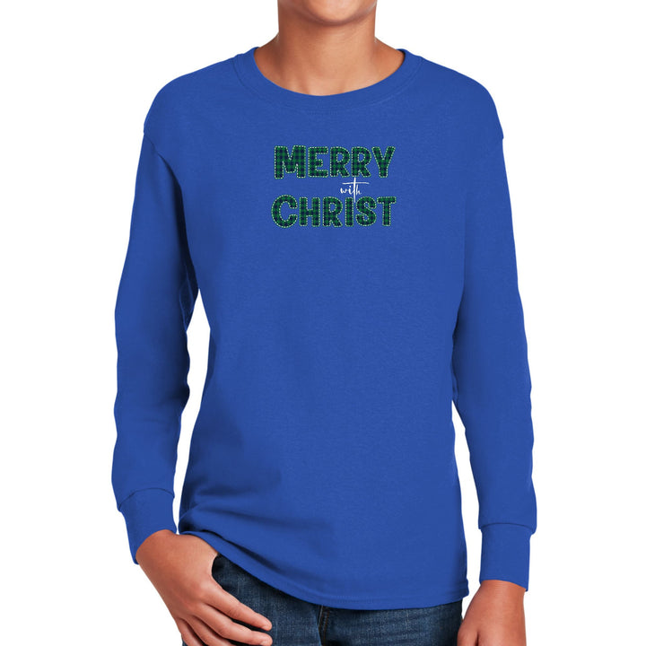 Youth Long Sleeve Graphic T-shirt - Merry with Christ - Green Plaid - Youth