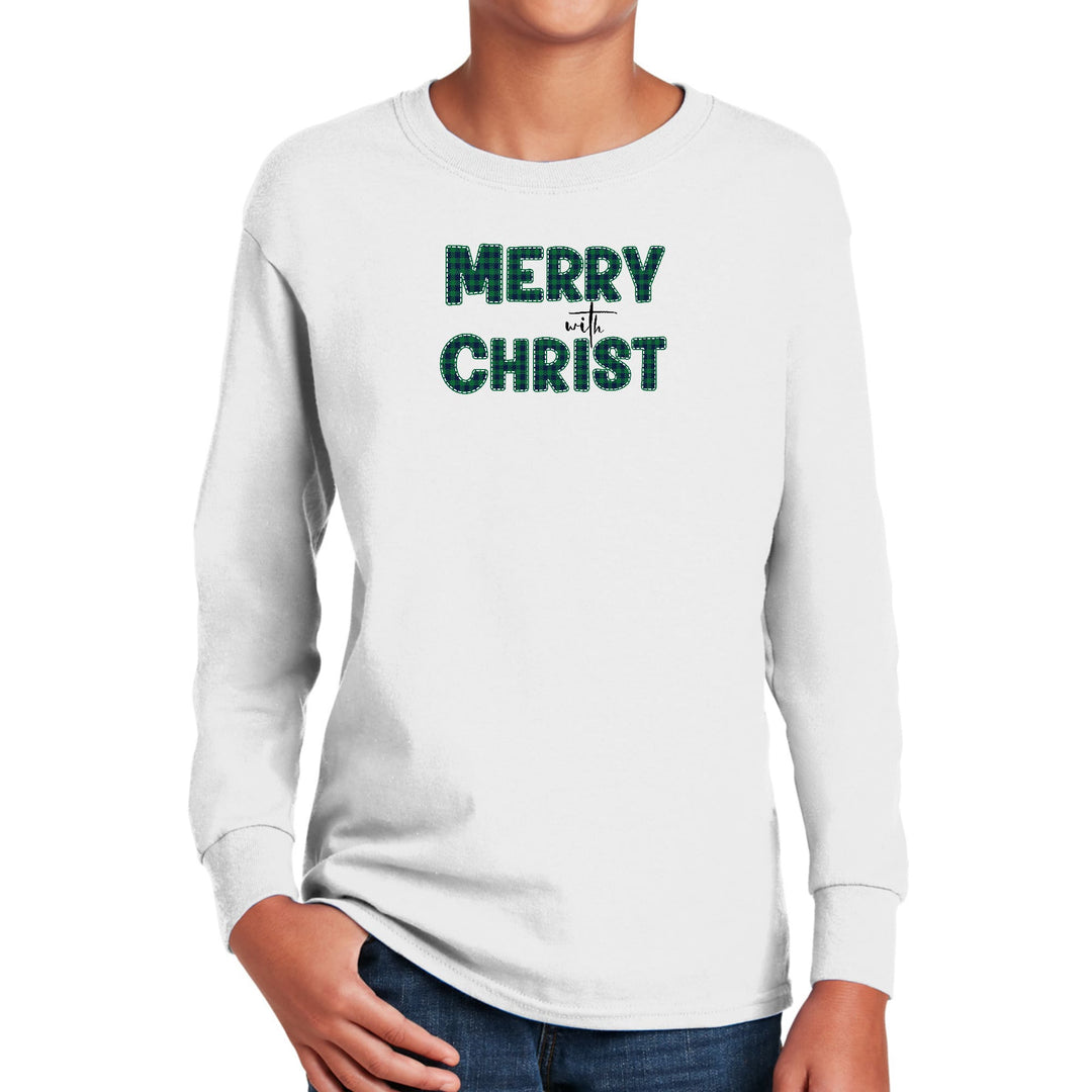 Youth Long Sleeve Graphic T-shirt Merry with Christ Green Plaid - Youth