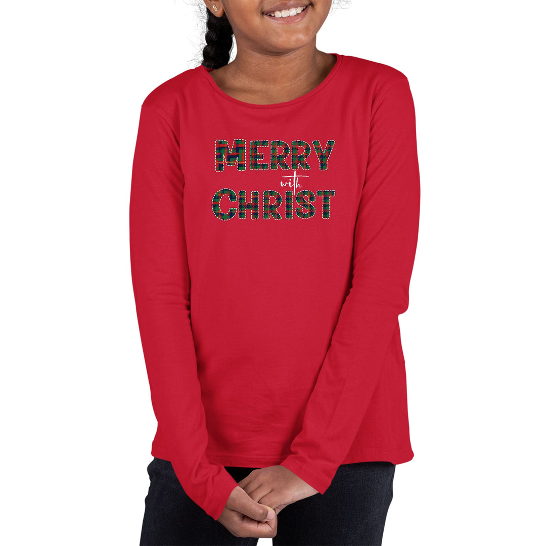 Youth Long Sleeve Graphic T-shirt Merry with Christ Red and Green - Girls