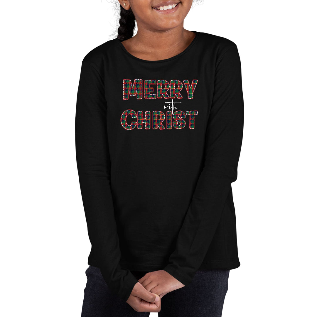 Youth Long Sleeve Graphic T-shirt Merry with Christ Red and Green - Girls