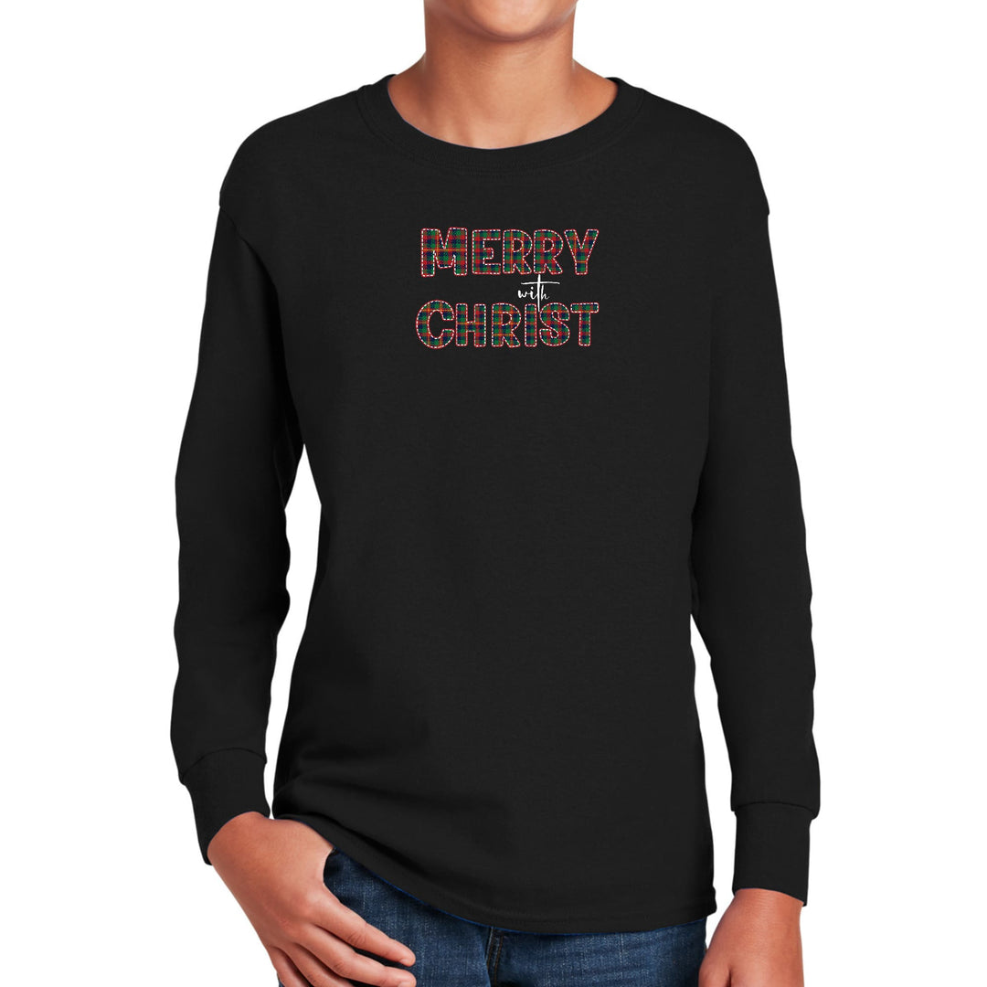 Youth Long Sleeve Graphic T-shirt Merry with Christ Red and Green - Youth