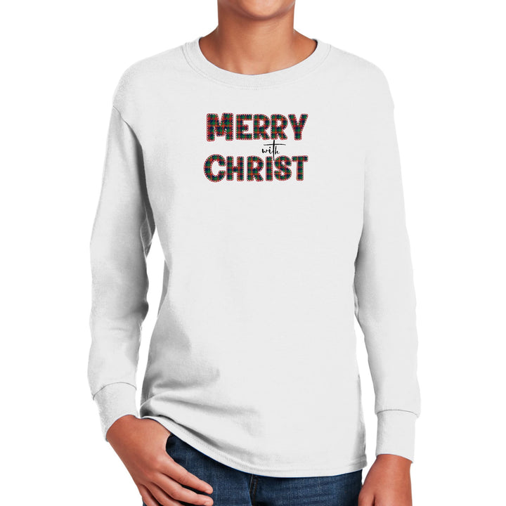 Youth Long Sleeve Graphic T-shirt Merry with Christ Red and Green - Youth