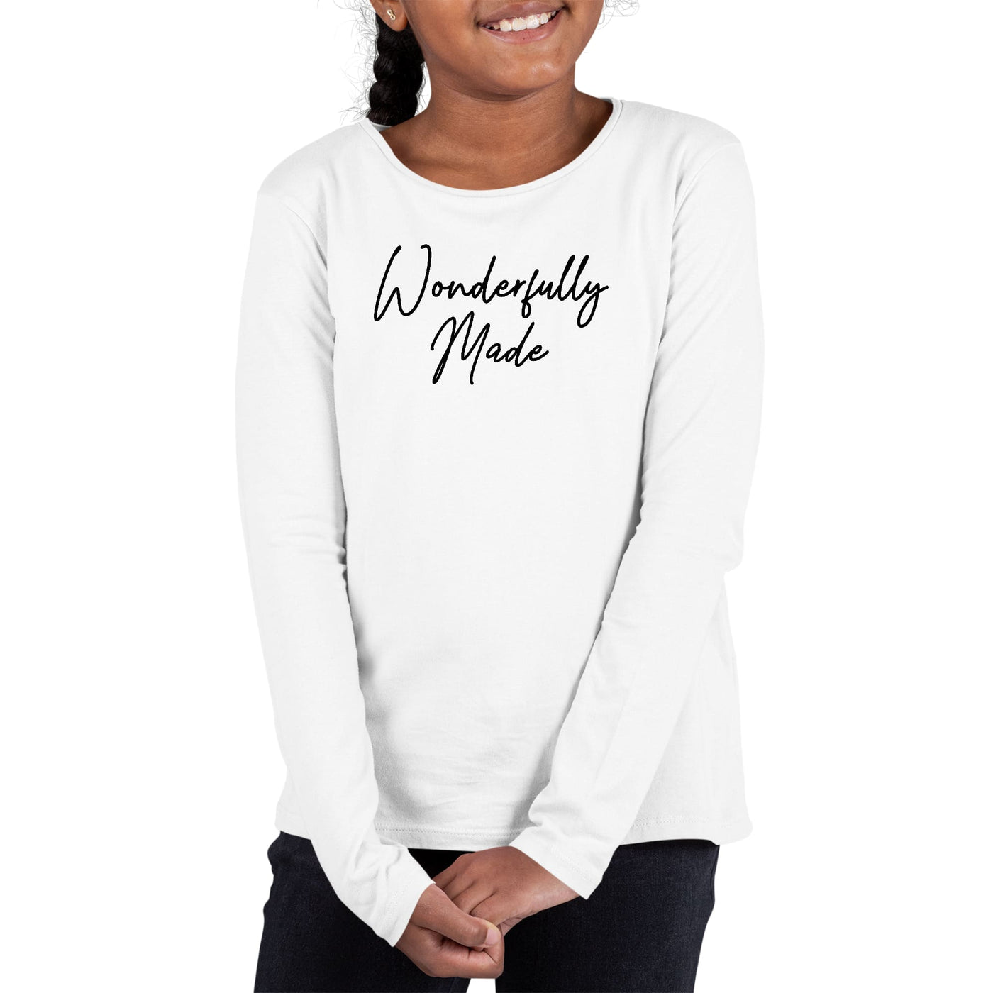 Youth Long Sleeve Graphic T-shirt Wonderfully Made Black Illustration - Girls