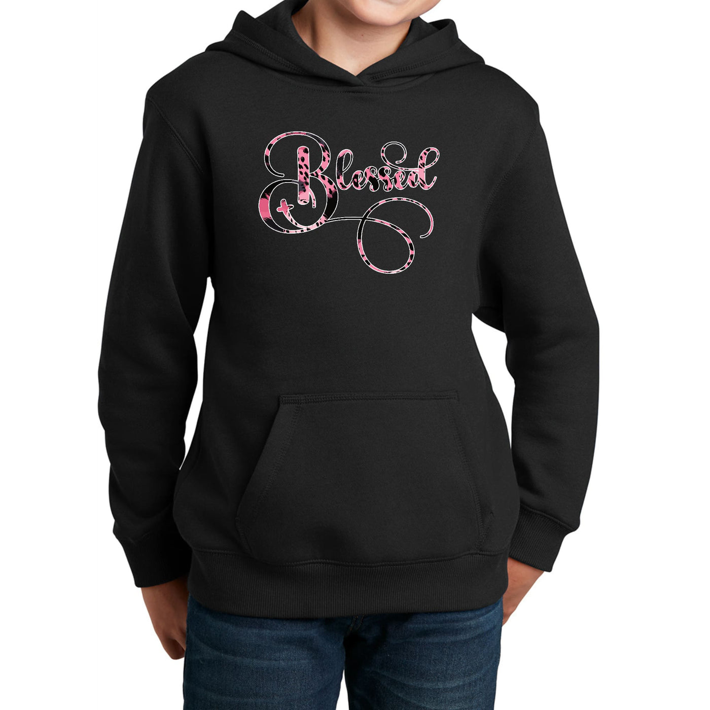 Youth Long Sleeve Hoodie Blessed Pink And Black Patterned Graphic - Girls