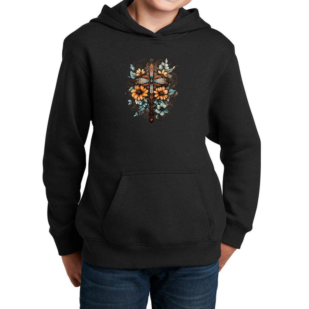 Youth Long Sleeve Hoodie Christian Cross Floral Bouquet Brown and Blue - Youth