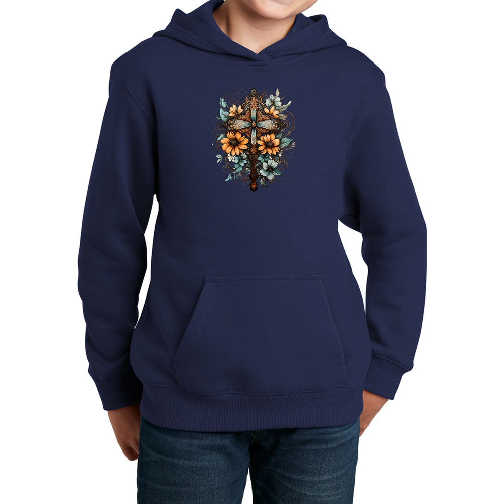 Youth Long Sleeve Hoodie Christian Cross Floral Bouquet Brown and Blue - Youth