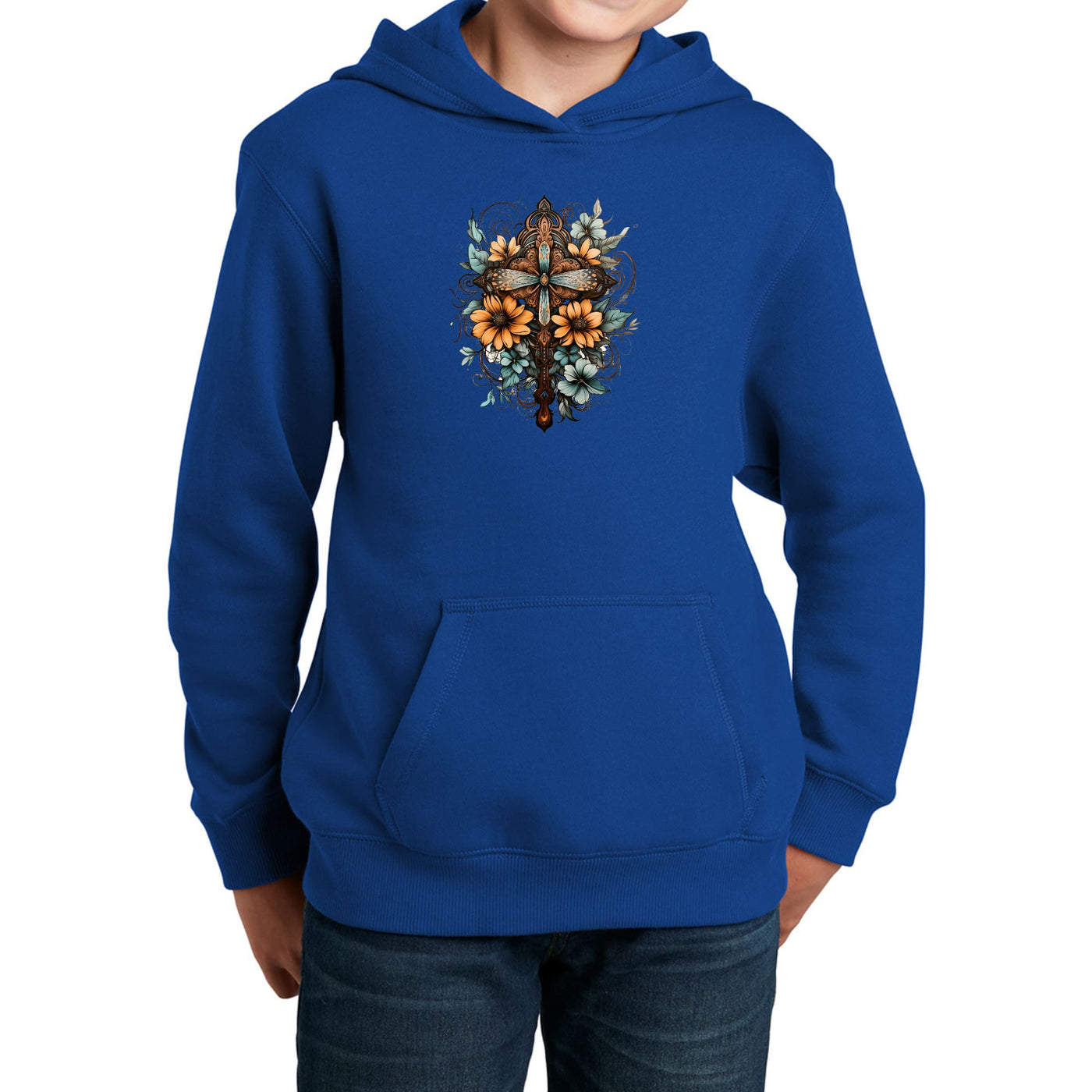 Youth Long Sleeve Hoodie Christian Cross Floral Bouquet Brown And Blue - Youth
