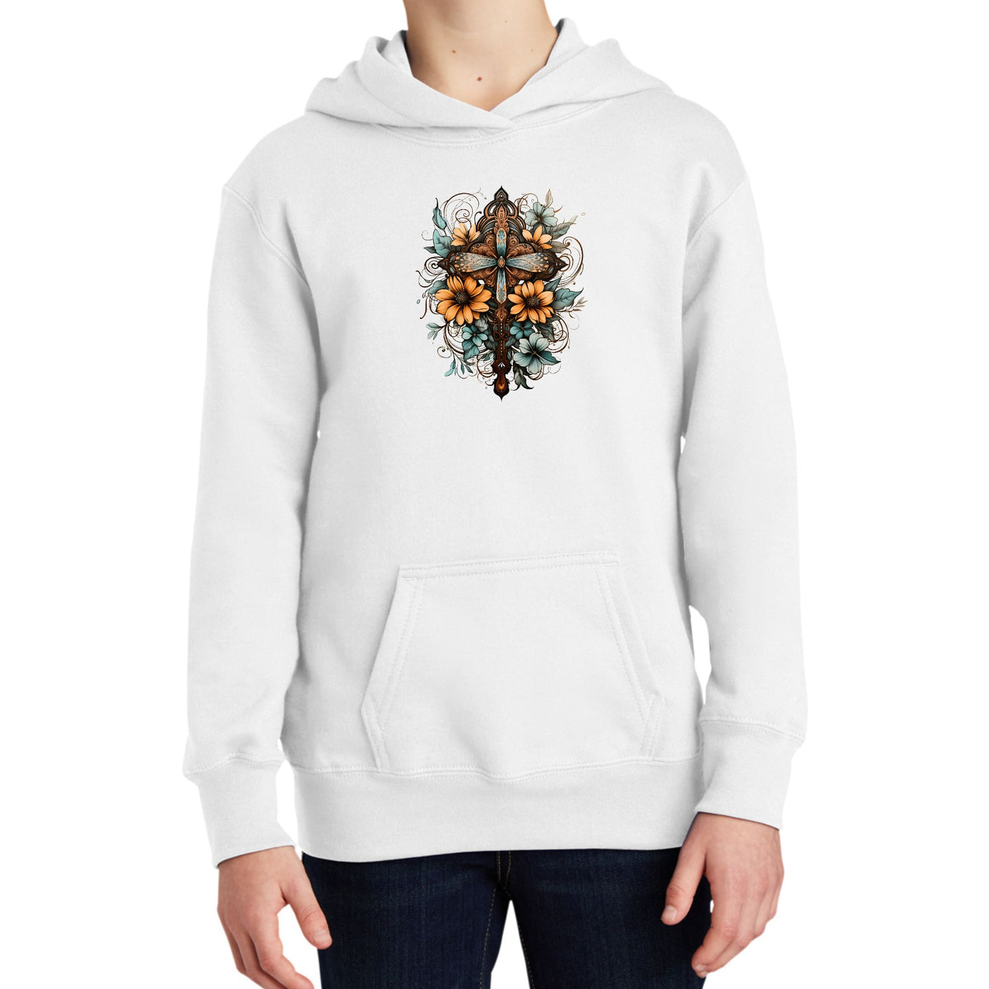 Youth Long Sleeve Hoodie Christian Cross Floral Bouquet Brown And Blue - Youth