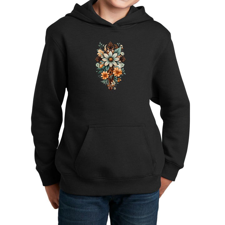 Youth Long Sleeve Hoodie Christian Cross Floral Bouquet Green - Youth | Hoodies