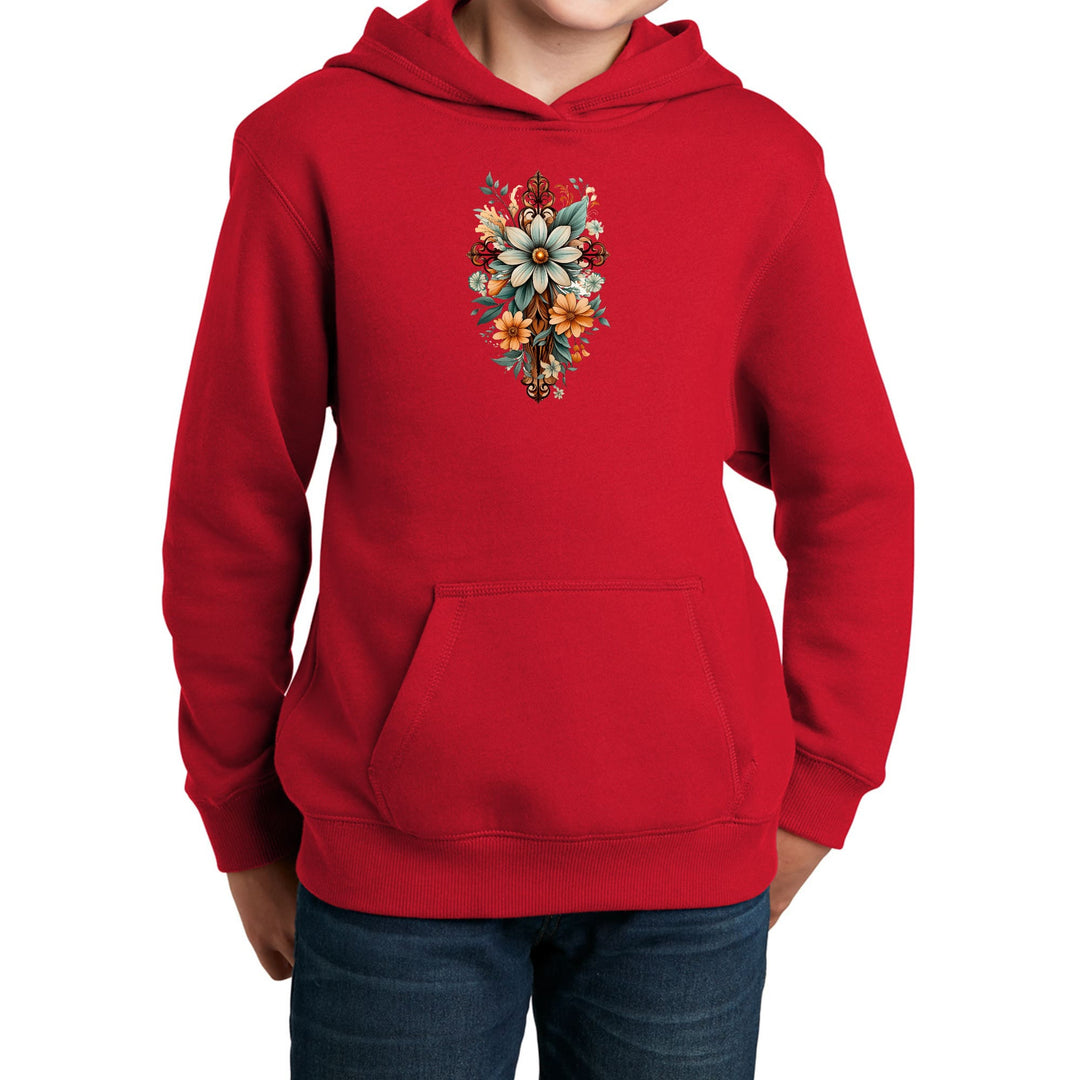 Youth Long Sleeve Hoodie Christian Cross Floral Bouquet Green - Youth/Hoodies