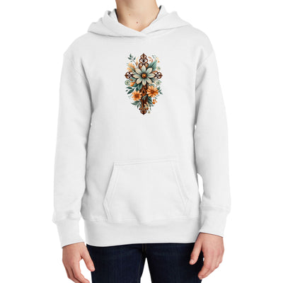Youth Long Sleeve Hoodie Christian Cross Floral Bouquet Green - Youth | Hoodies