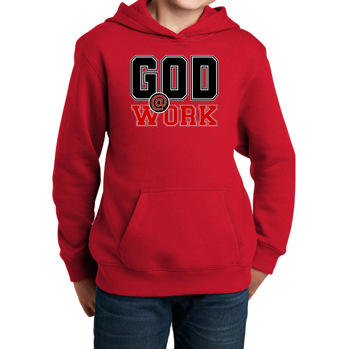 Youth Long Sleeve Hoodie God @ Work Black And Red Print - Youth | Hoodies