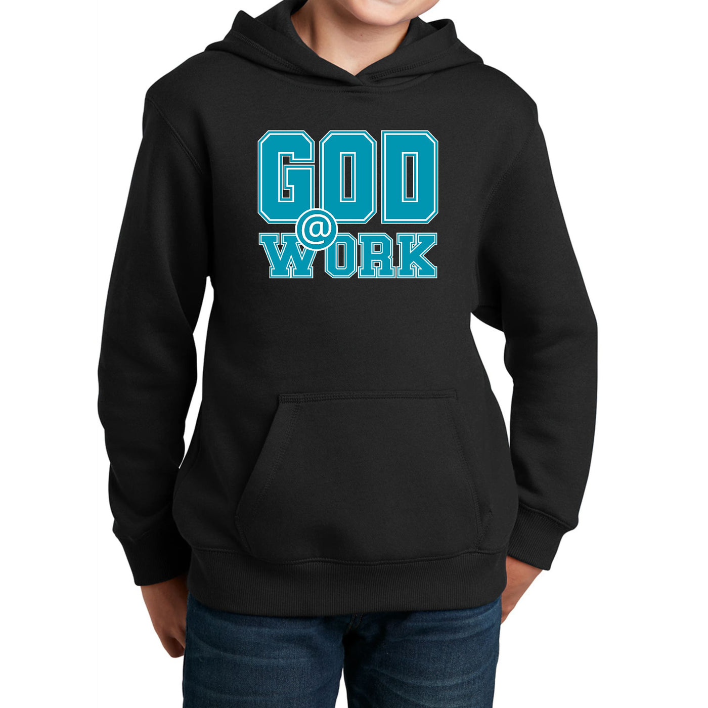 Youth Long Sleeve Hoodie God @ Work Blue Green And White Print - Youth | Hoodies