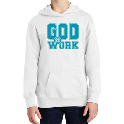 Youth Long Sleeve Hoodie God @ Work Blue Green And White Print - Youth | Hoodies