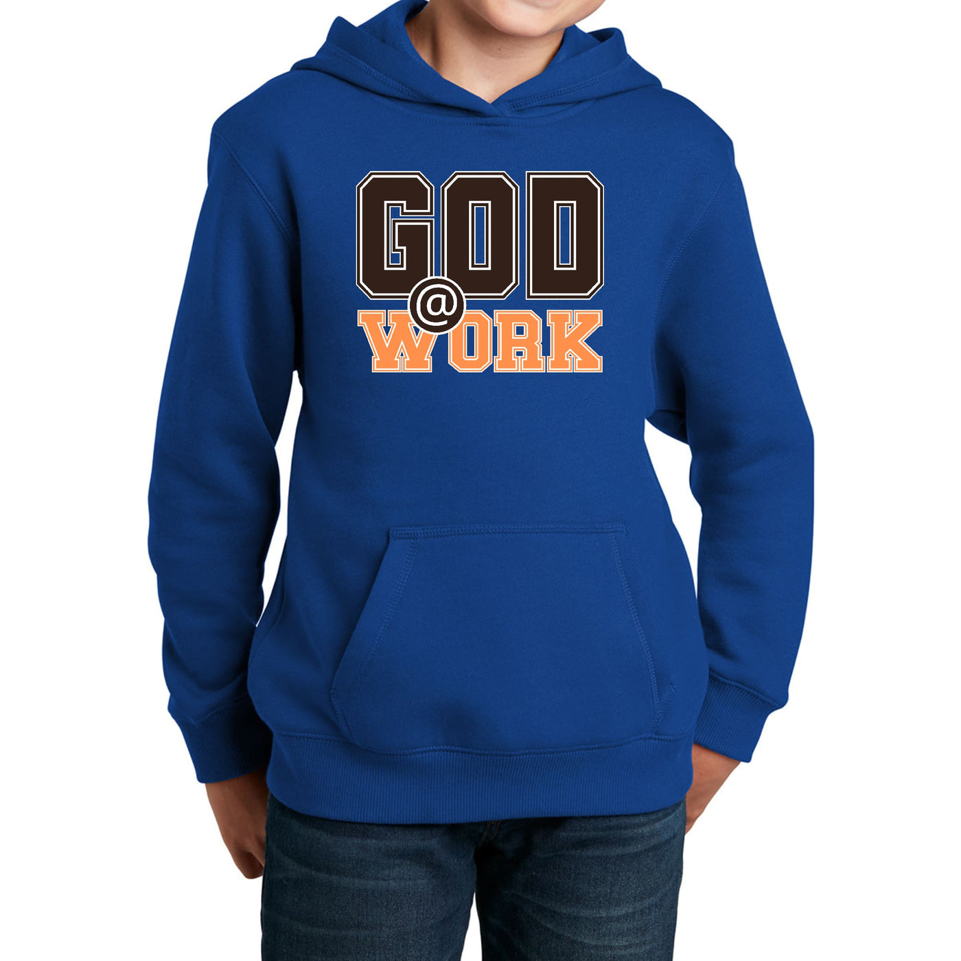 Youth Long Sleeve Hoodie God @ Work Brown And Orange Print - Youth | Hoodies