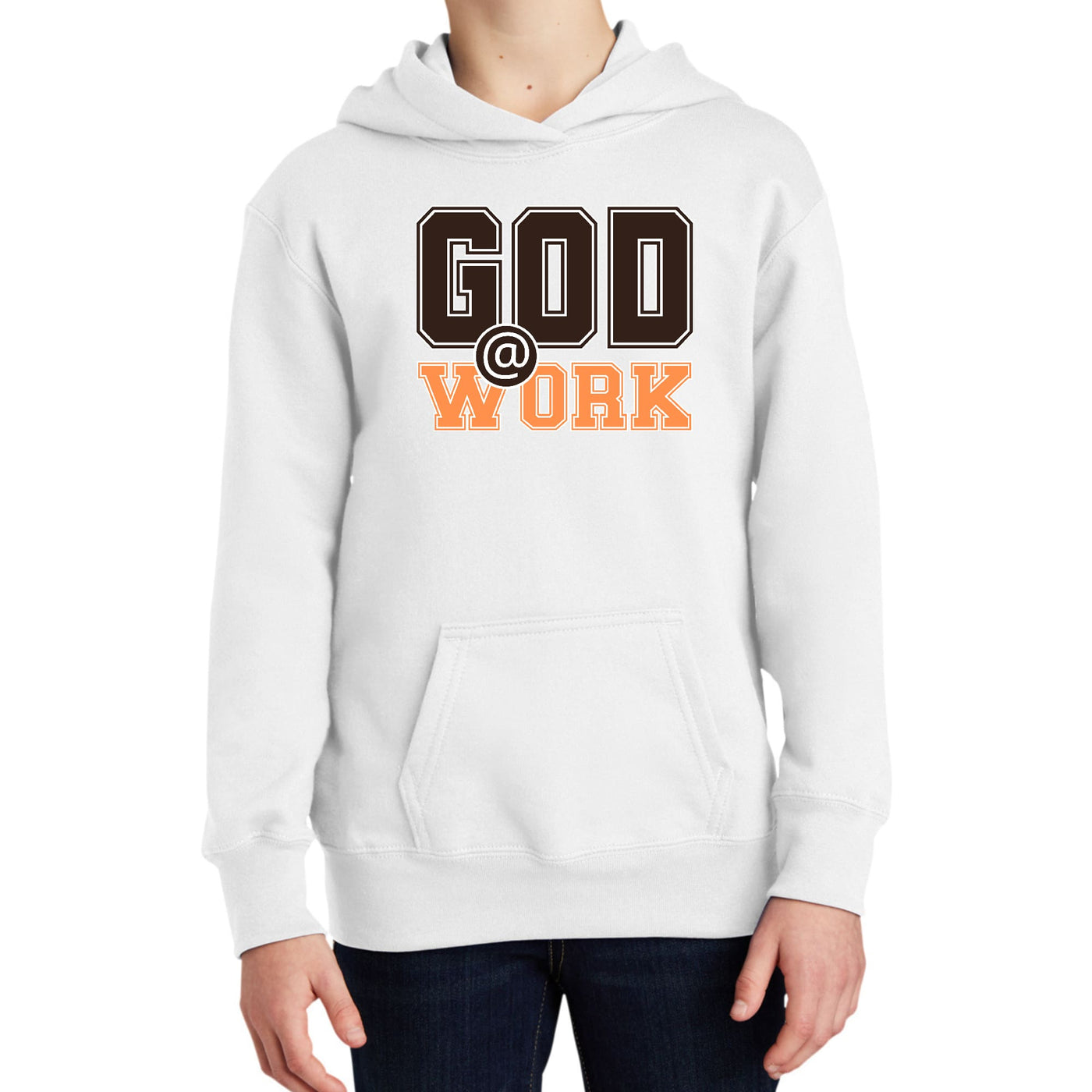 Youth Long Sleeve Hoodie God @ Work Brown And Orange Print - Youth | Hoodies