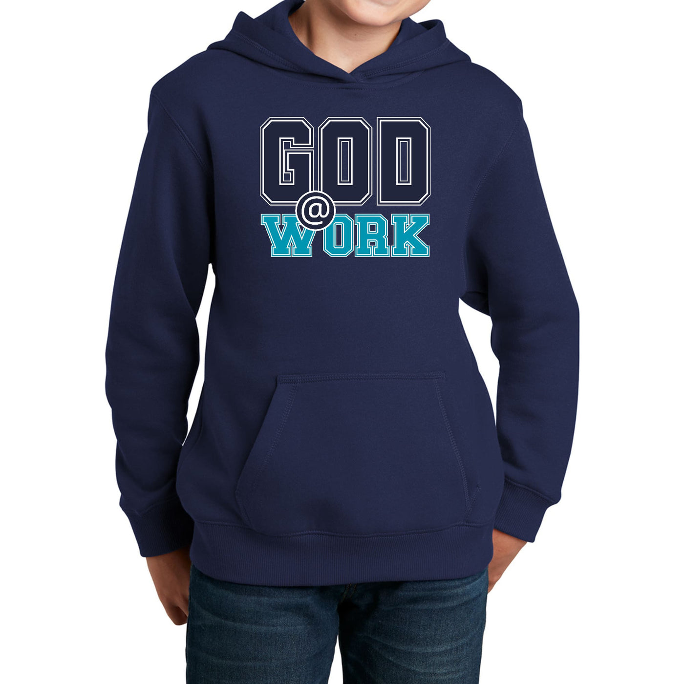 Youth Long Sleeve Hoodie God @ Work Navy Blue And Blue Green Print - Youth