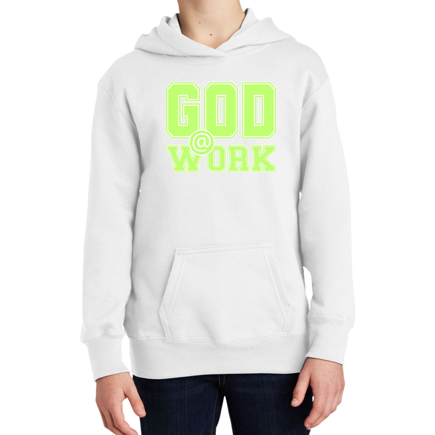 Youth Long Sleeve Hoodie God @ Work Neon Green And White Print - Youth | Hoodies