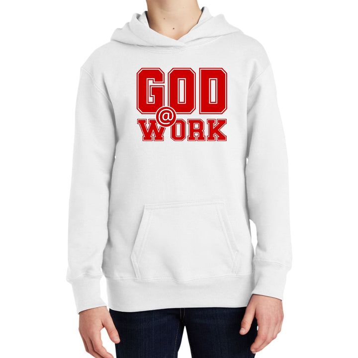 Youth Long Sleeve Hoodie God @ Work Red and White Print - Youth | Hoodies