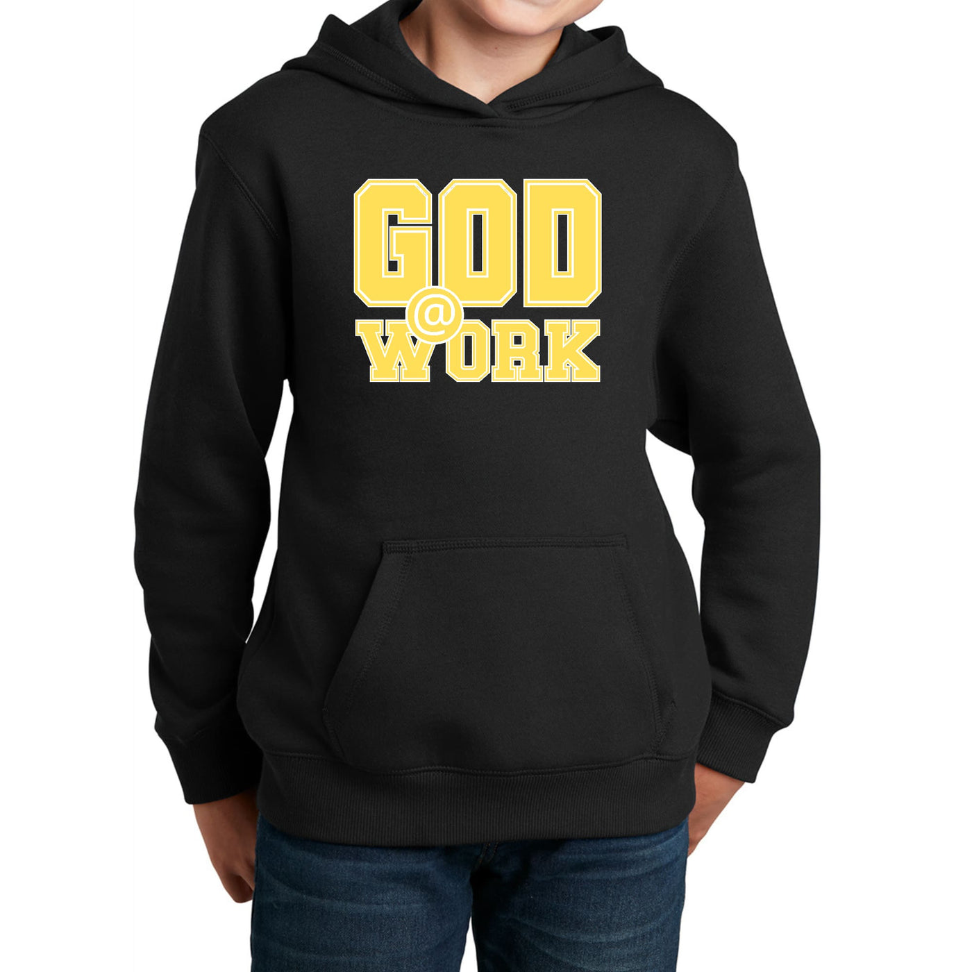 Youth Long Sleeve Hoodie God @ Work Yellow And White Print - Youth | Hoodies