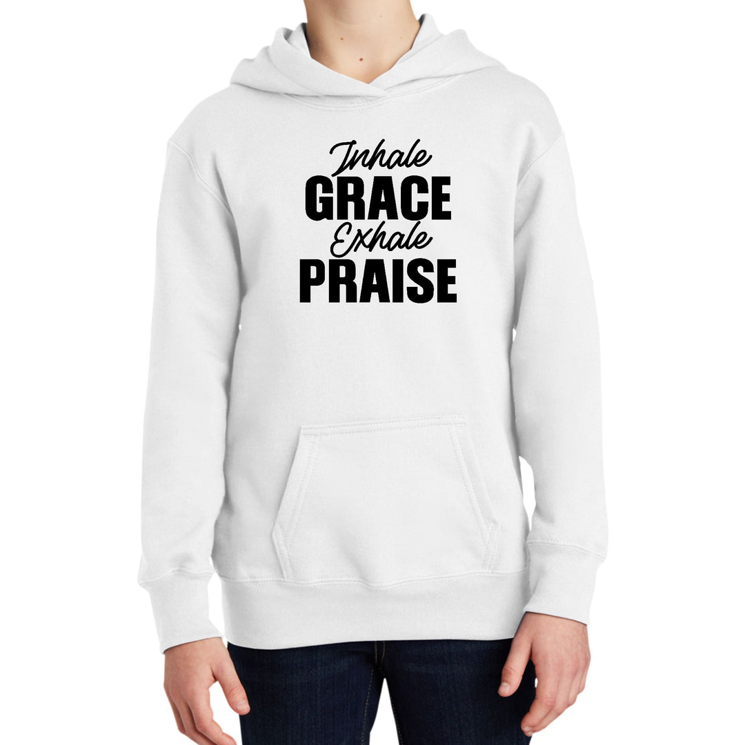 Youth Long Sleeve Hoodie Inhale Grace Exhale Praise Black Illustration - Youth
