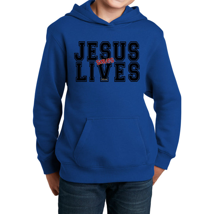 Youth Long Sleeve Hoodie Jesus Saves Lives Black Red Illustration - Youth