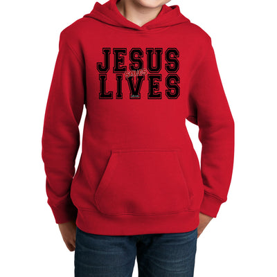 Youth Long Sleeve Hoodie Jesus Saves Lives Black Red Illustration - Hoodies