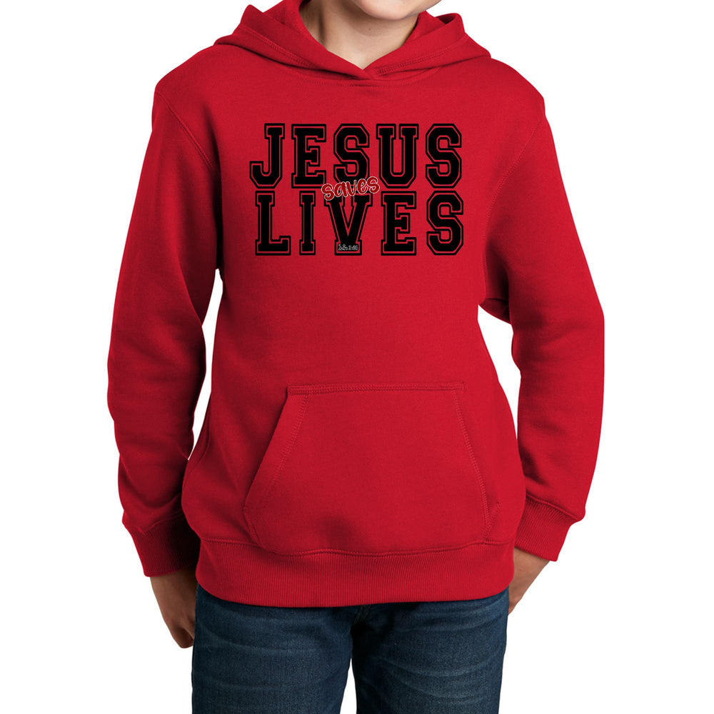 Youth Long Sleeve Hoodie Jesus Saves Lives Black Red Illustration - Youth