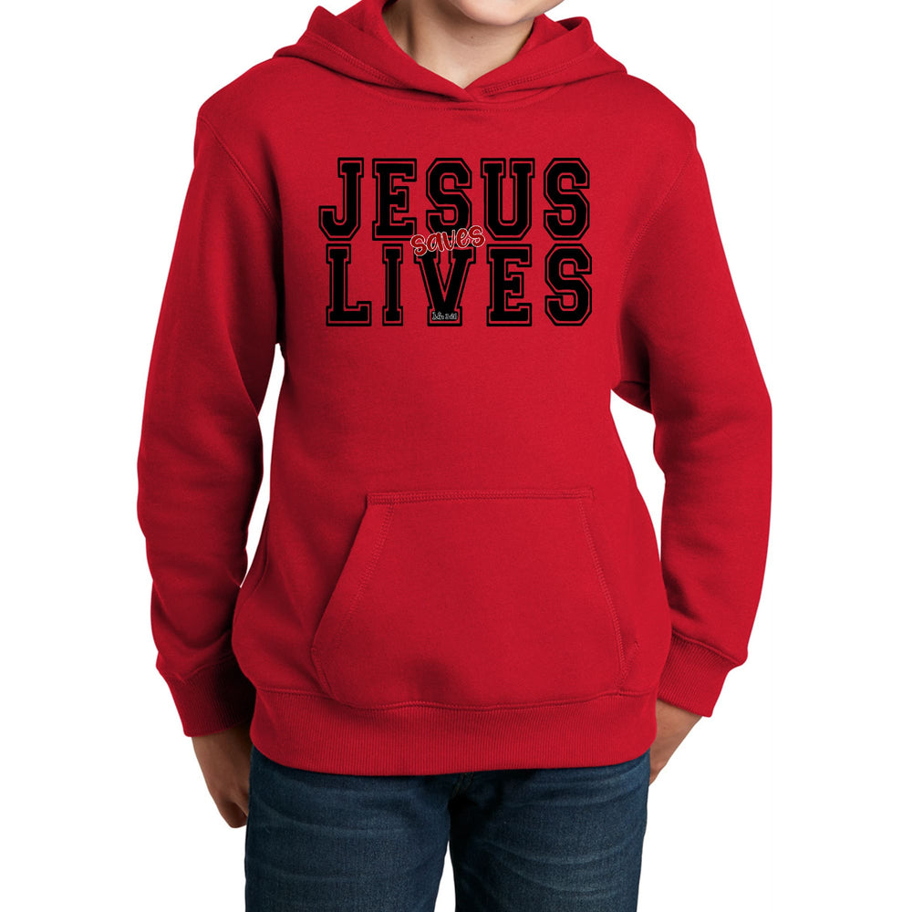 Youth Long Sleeve Hoodie Jesus Saves Lives Black Red Illustration - Youth