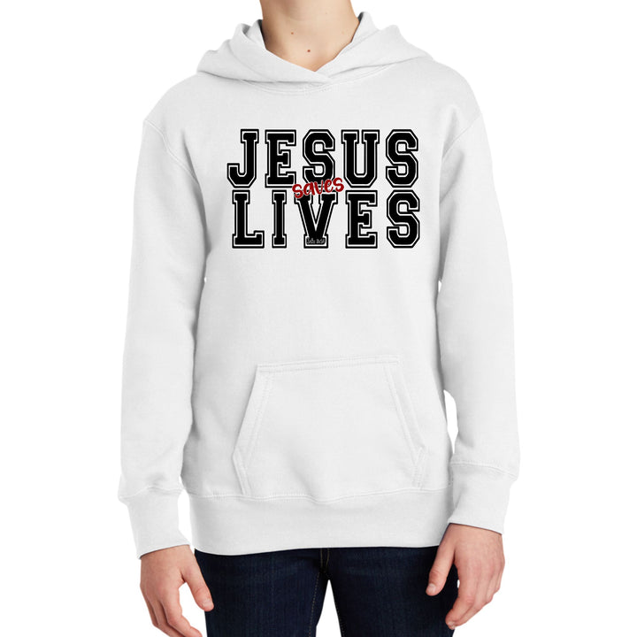 Youth Long Sleeve Hoodie Jesus Saves Lives Black Red Illustration - Youth