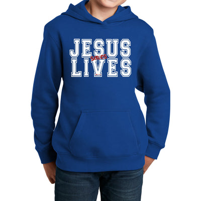 Youth Long Sleeve Hoodie Jesus Saves Lives White Red Illustration - Youth