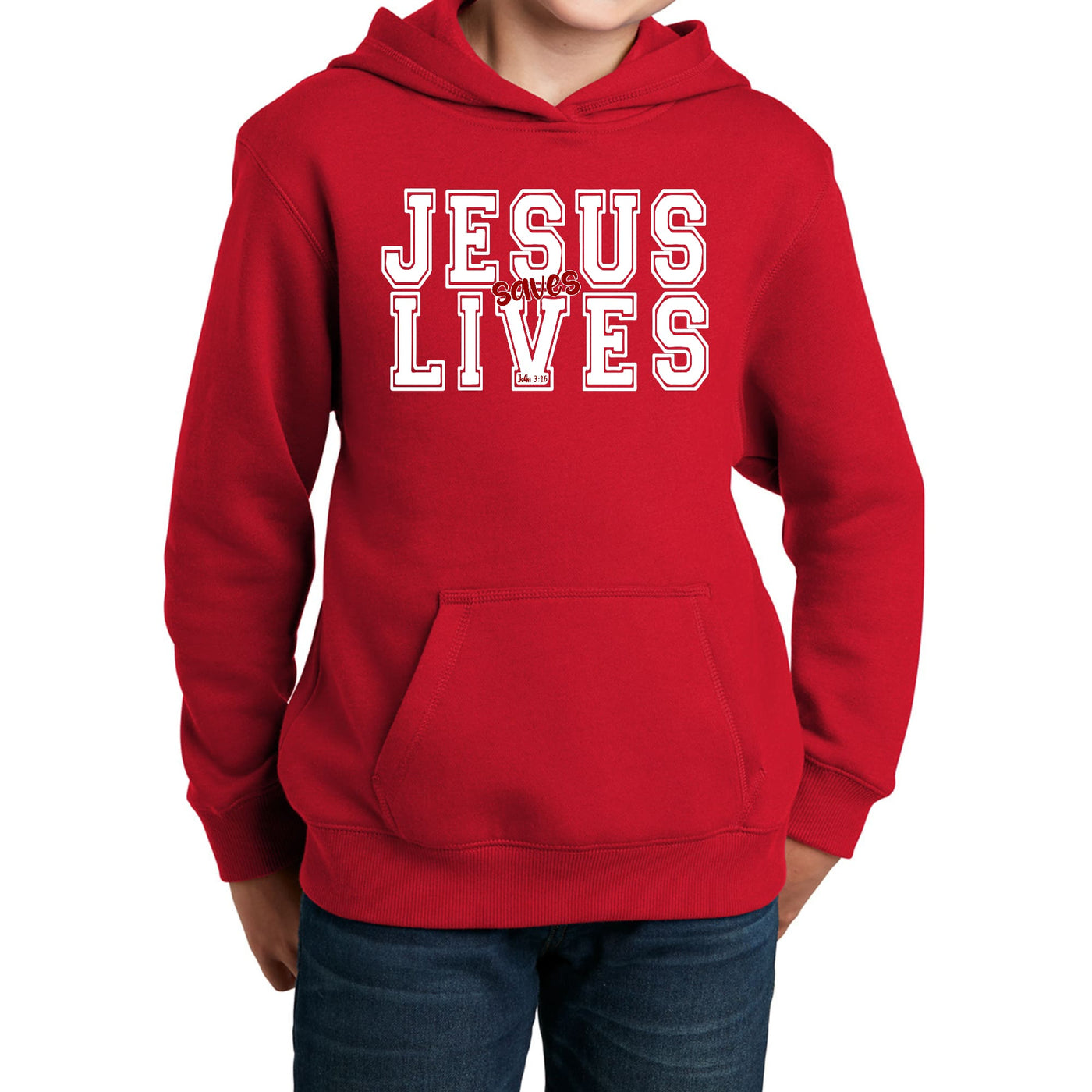 Youth Long Sleeve Hoodie Jesus Saves Lives White Red Illustration - Youth