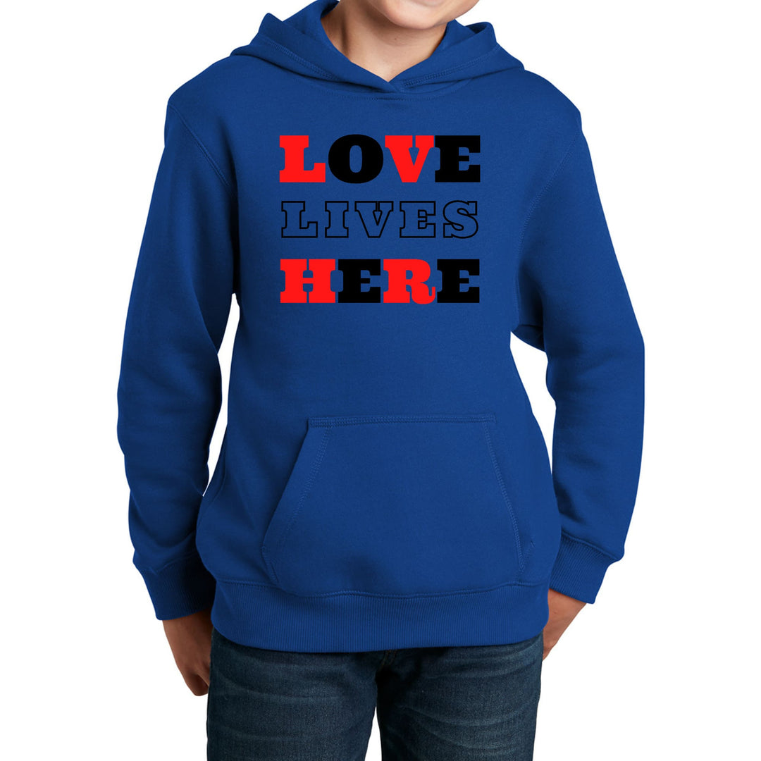 Youth Long Sleeve Hoodie Love Lives Here Christian Red Black - Youth | Hoodies