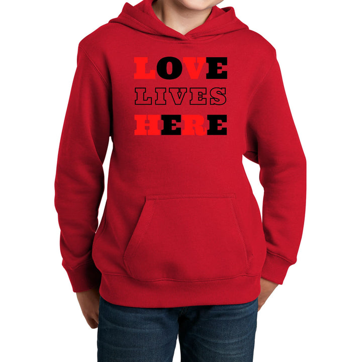 Youth Long Sleeve Hoodie Love Lives Here Christian Red Black - Youth | Hoodies