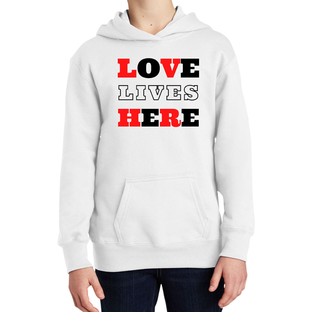 Youth Long Sleeve Hoodie Love Lives Here Christian Red Black - Youth | Hoodies