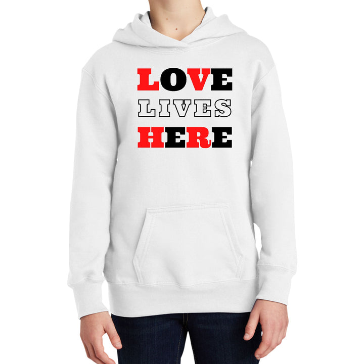 Youth Long Sleeve Hoodie Love Lives Here Christian Red Black - Youth | Hoodies