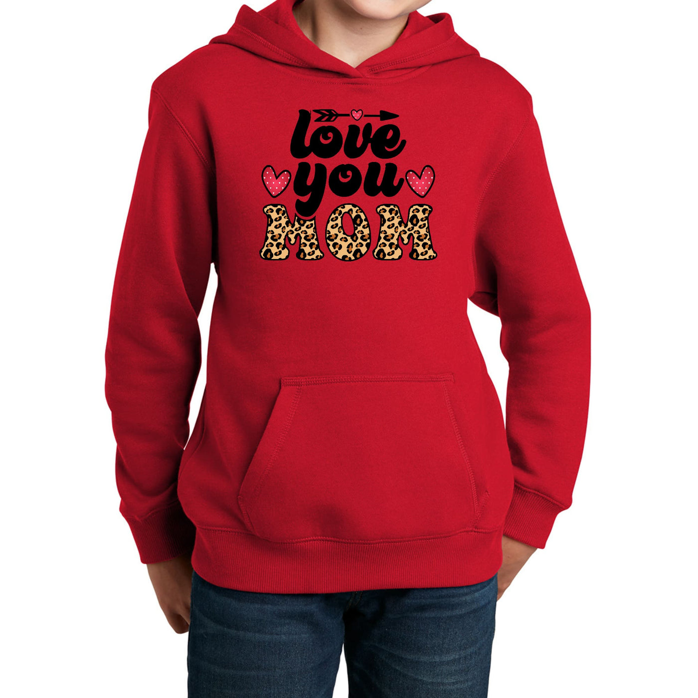 Youth Long Sleeve Hoodie Love You Mom Leopard Print - Girls | Hoodies