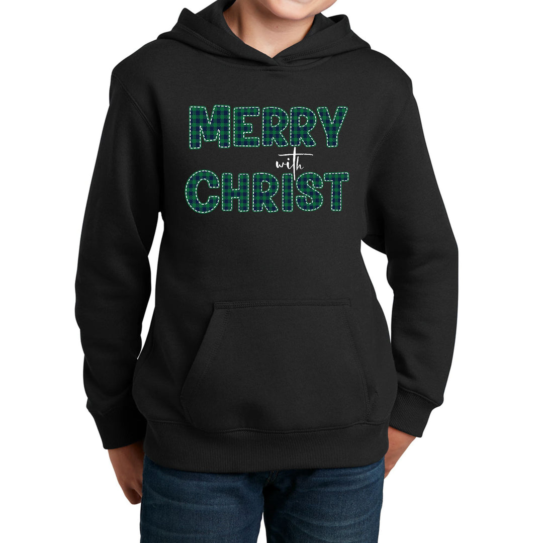 Youth Long Sleeve Hoodie Merry with Christ Green Plaid Christmas - Youth