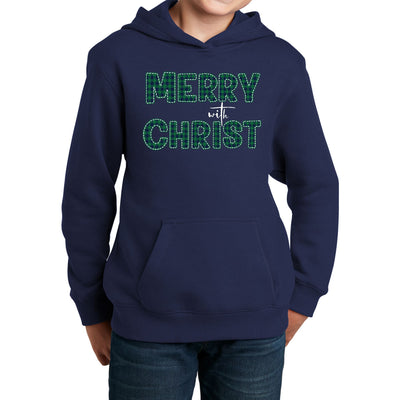 Youth Long Sleeve Hoodie Merry With Christ Green Plaid Christmas - Youth