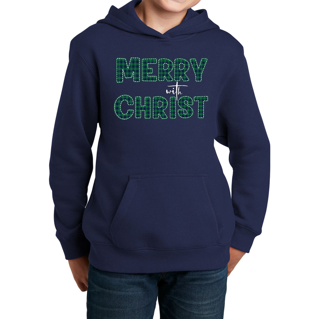 Youth Long Sleeve Hoodie Merry with Christ Green Plaid Christmas - Youth