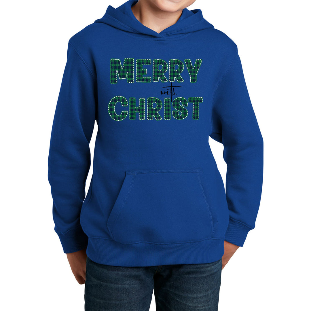 Youth Long Sleeve Hoodie Merry with Christ Green Plaid Christmas - Youth