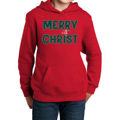 Youth Long Sleeve Hoodie Merry With Christ Green Plaid Christmas - Youth